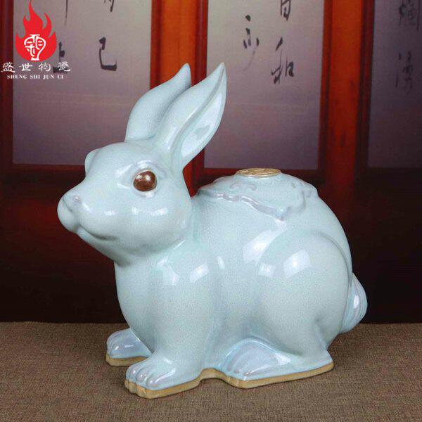 禹州神后钧瓷花瓶家居卧室生肖白兔陶瓷器动物装饰品摆件招财兔子