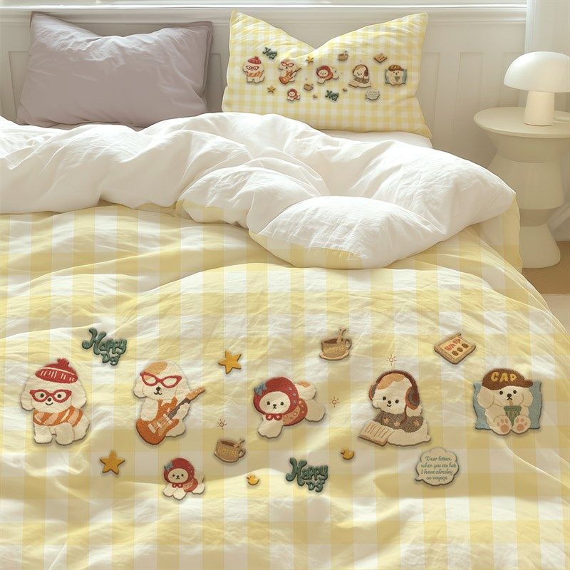 萌趣宠卡通小狗格子水洗棉床品y四件套毛巾绣转印被套少女宿舍床