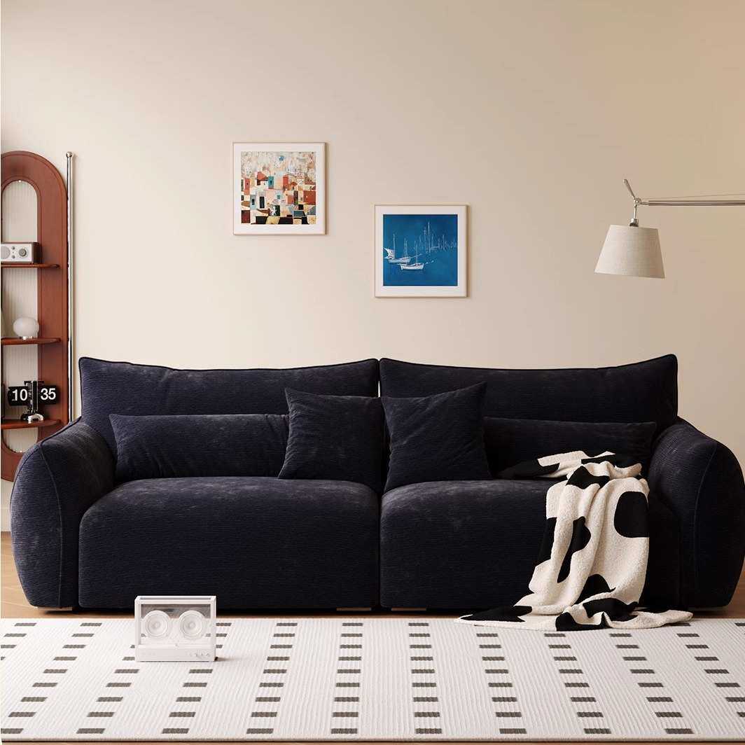 黑色布艺雪尼尔沙发意式轻奢现代中古风客厅小户型直排三人位沙发