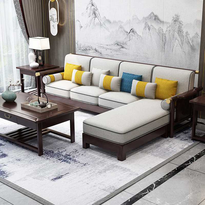 新中式全实木现代简约禅意轻奢客厅家具布艺贵妃沙发茶几组合