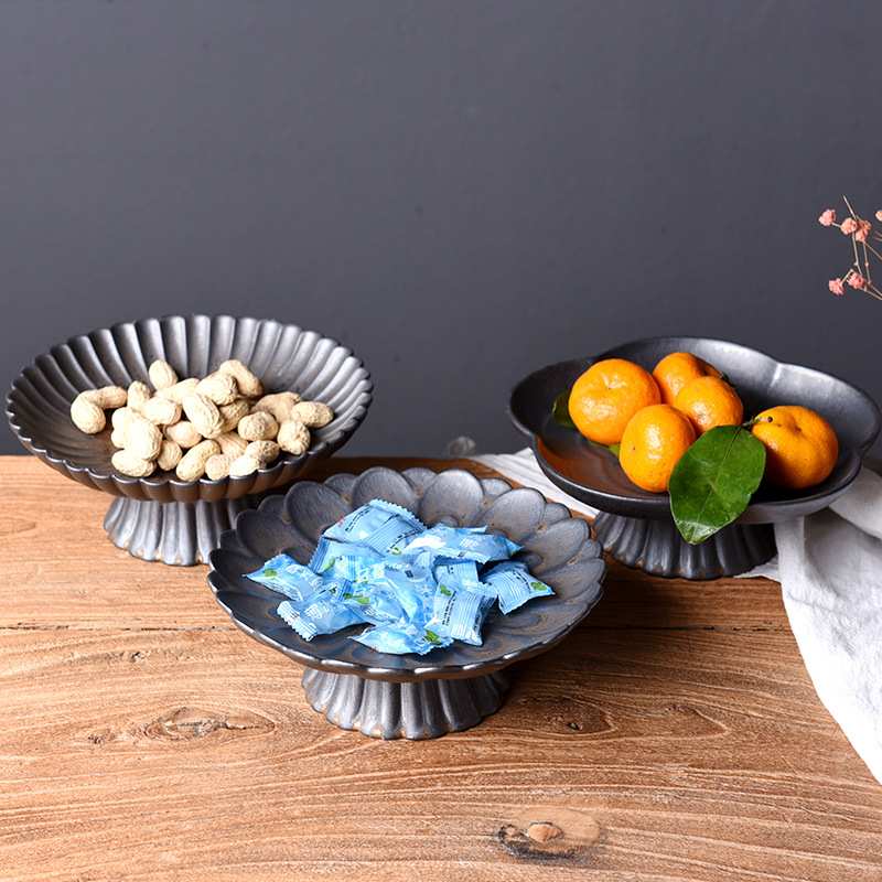 德玉堂条纹高足茶点盘日式创意陶瓷果盘茶桌茶道点心干果茶食盘子