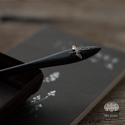 墨园乌木发夹纯银鹤镶古式发夹女汉代古装手工发夹头饰