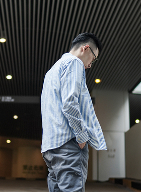 小溪2021秋季长袖衬衫男日系复古蓝白条纹衬衣青年宽松上衣外套潮