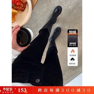 实力显瘦~纯黑色加绒高腰铅笔牛仔裤女冬季保暖修身显瘦小脚靴裤