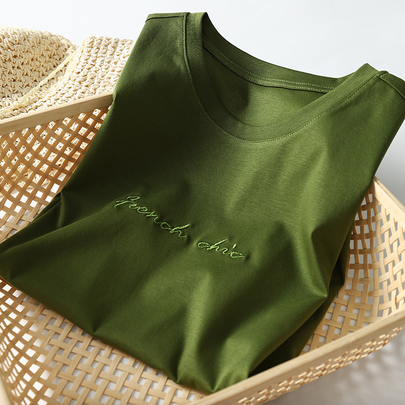 丝光棉短袖t恤女新款刺绣字母纯棉百搭上衣女夏短款墨绿色t恤女