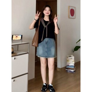 女装 大码 春夏显瘦休闲百搭高腰A字牛仔半身短裙子6123 喵喵 微胖