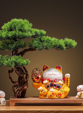 招财猫开业送礼自动摇手店铺收银台前台迎客松家居客厅装饰发财猫