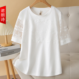 正肩显瘦上衣胖mm别致通勤休闲凉感T恤 蕾丝拼接短袖 2024夏季 新款