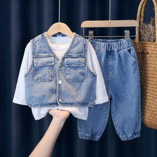 儿童牛仔套装春秋2025新款韩版宽松女童牛仔马甲洋气时髦三件套装