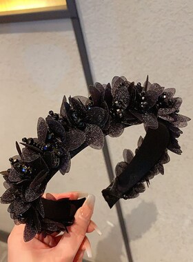 高颅顶花朵水晶黑色发箍高级感法式复古女防滑发卡夏网红头箍发箍