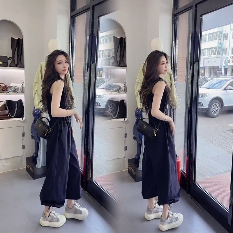 2025年夏季新款时尚背带裤连衣裤气质轻奢复古连体抽绳直筒裤女装