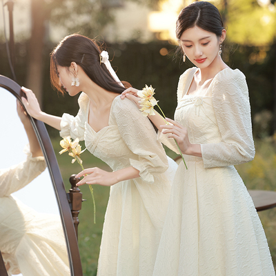 香槟色伴娘服2024新款秋季婚礼姐妹团礼服长袖小众高级感平时可穿