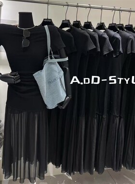 ADD黑色长裙2025春夏新款韩版气质显瘦拼接网纱设计感短袖连衣裙
