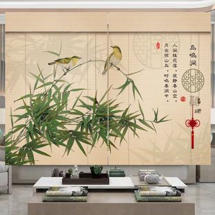 钉制印花竹帘卷帘窗帘遮阳光竹帘画升降卷拉帘门帘新中式山水