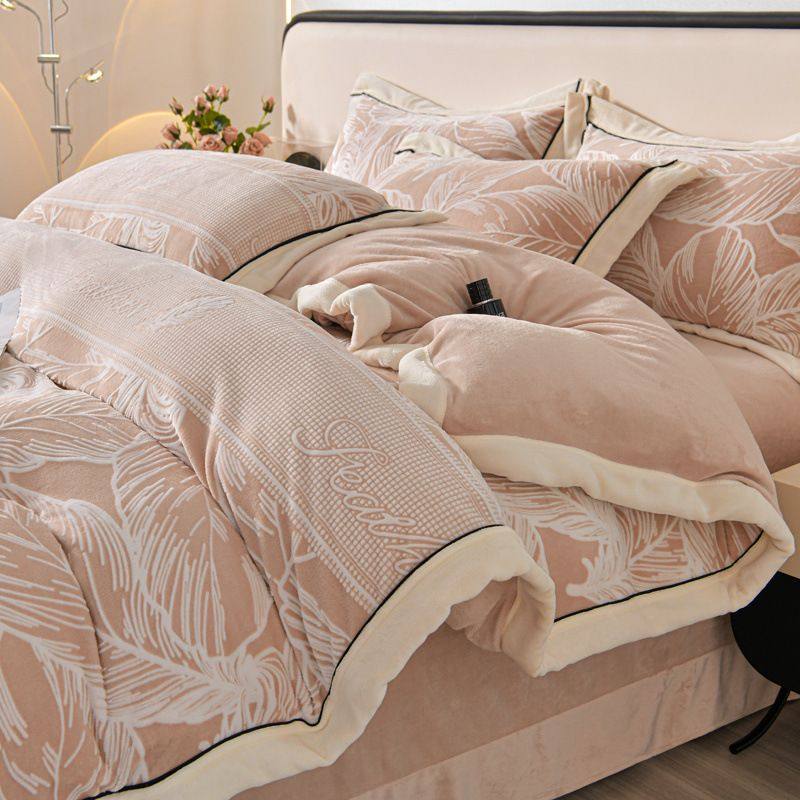 轻奢加厚牛奶绒四件套花绒法兰绒珊瑚绒被套冬季保暖床单绒床笠