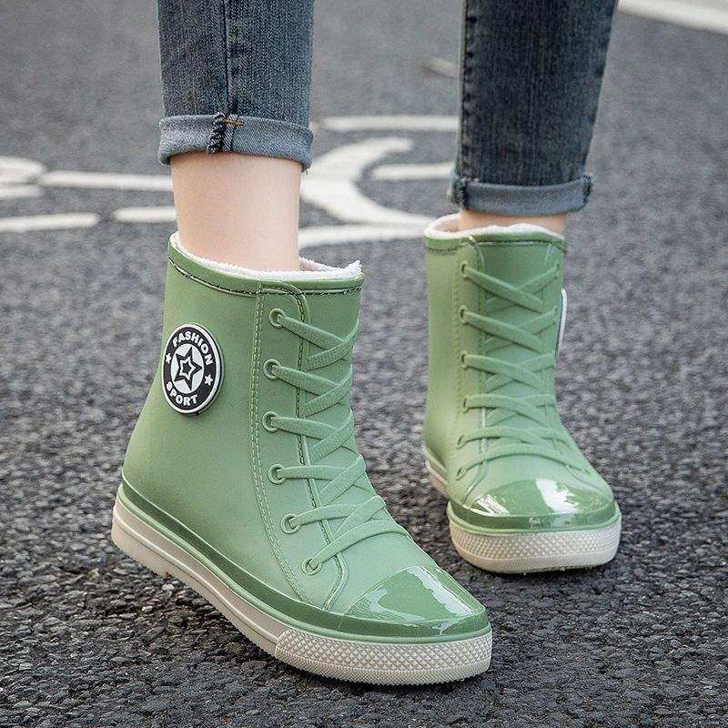 雨鞋女成人中筒加绒保暖雨靴平底防滑女式水胶鞋加棉加厚水靴套鞋