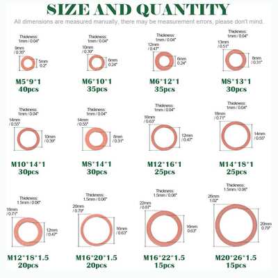 320pcs紫铜平垫圈套装 M5-M20紫铜密封平垫片O型垫圈纯铜平垫盒装