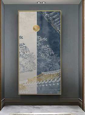 艳阳飞雁 新中式禅意玄关装饰画竖款走廊过道挂画古建筑蓝色壁画