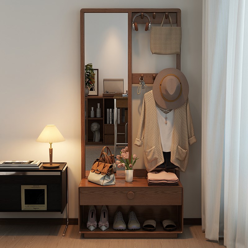 实木衣帽架落地卧室家用换鞋凳穿衣镜挂衣架一体S入户多功能收纳