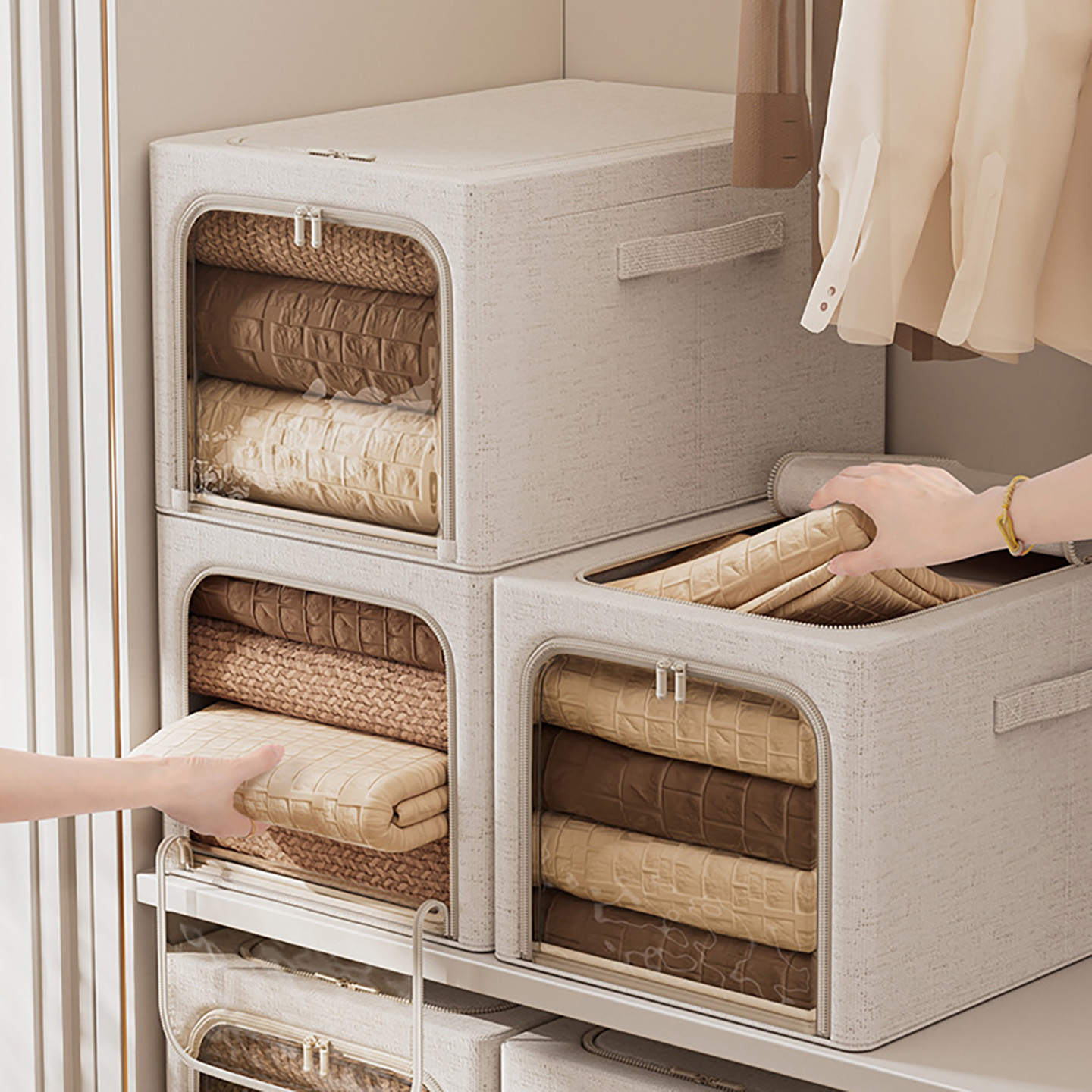 甄选天山棉麻可视衣服被子收纳箱