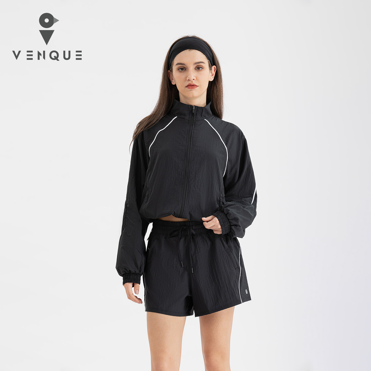 【618狂欢】venque/范克宽松时尚短款黑色女士风衣夏季新款短外套