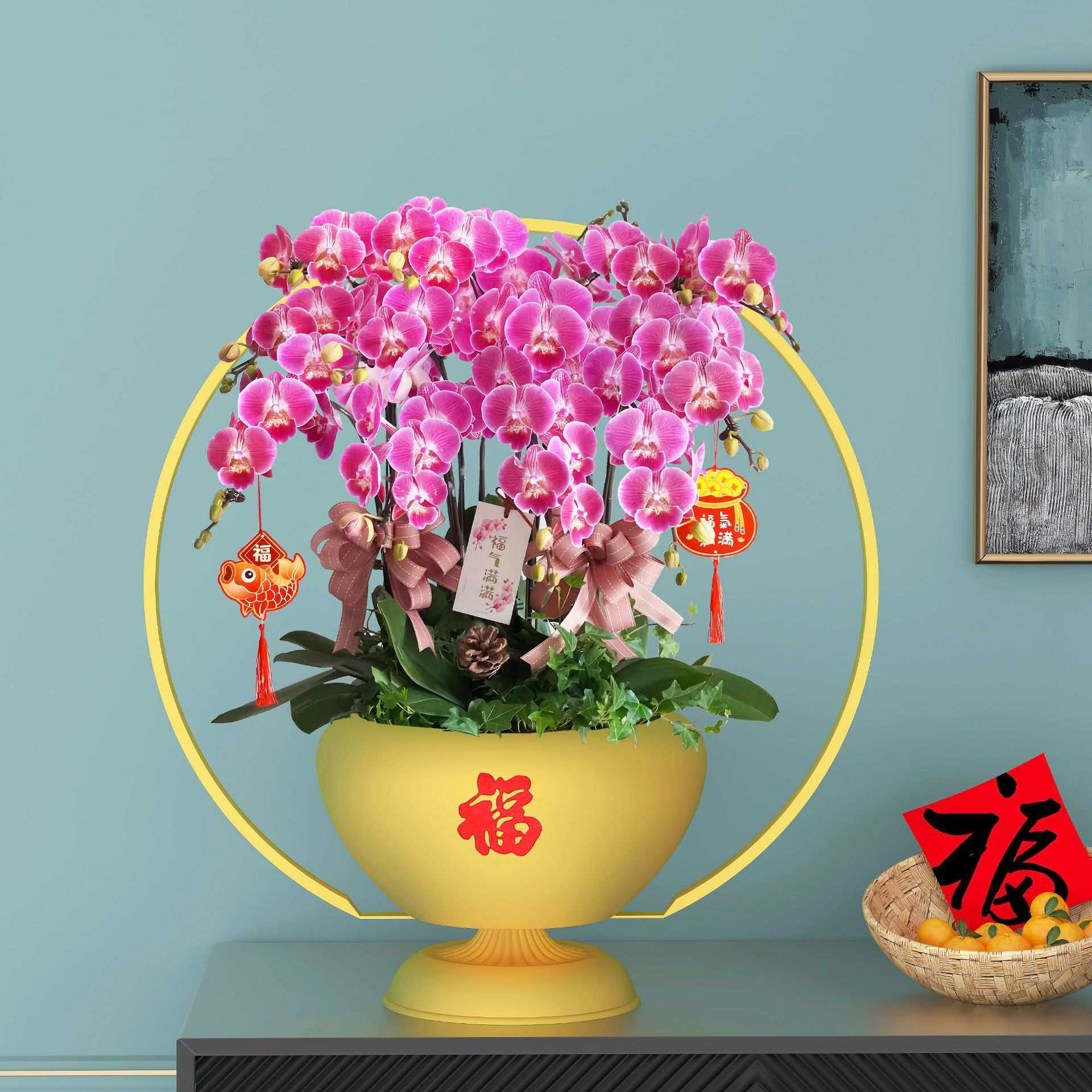 新中式蝴蝶兰花盆花架仿真植物花盆简约轻奢年宵花盆栽摆件大号