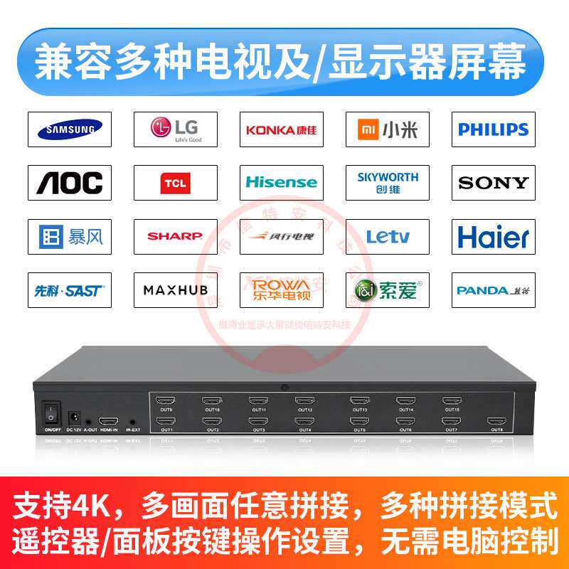 4K高清电视拼接盒1进15出hdmi画面视频显示器3*5多屏幕拼接处理器