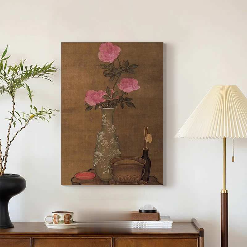 牡丹花开中古风客厅装饰画法式复古粉色花卉卧室床头挂画玄关壁画