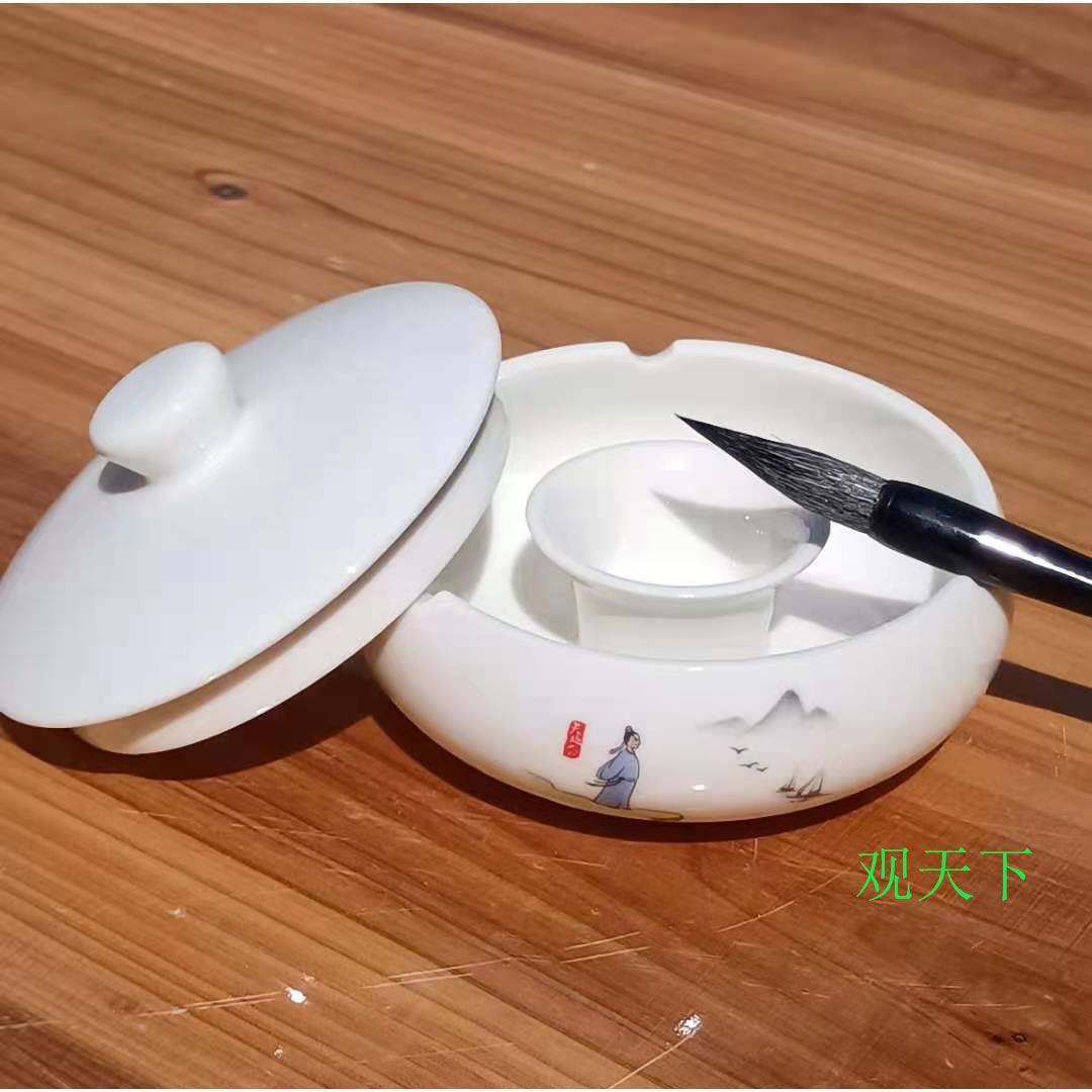 陶瓷火锅砚台带盖带笔搁不干墨书法墨碟古风墨斗装盛墨汁墨盘