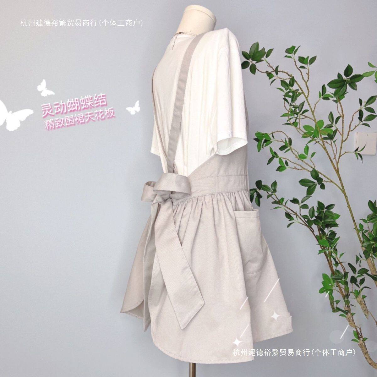洋气公主风灰白色蝴蝶结工作服美甲烘焙漂亮可爱罩衣围裙绣印