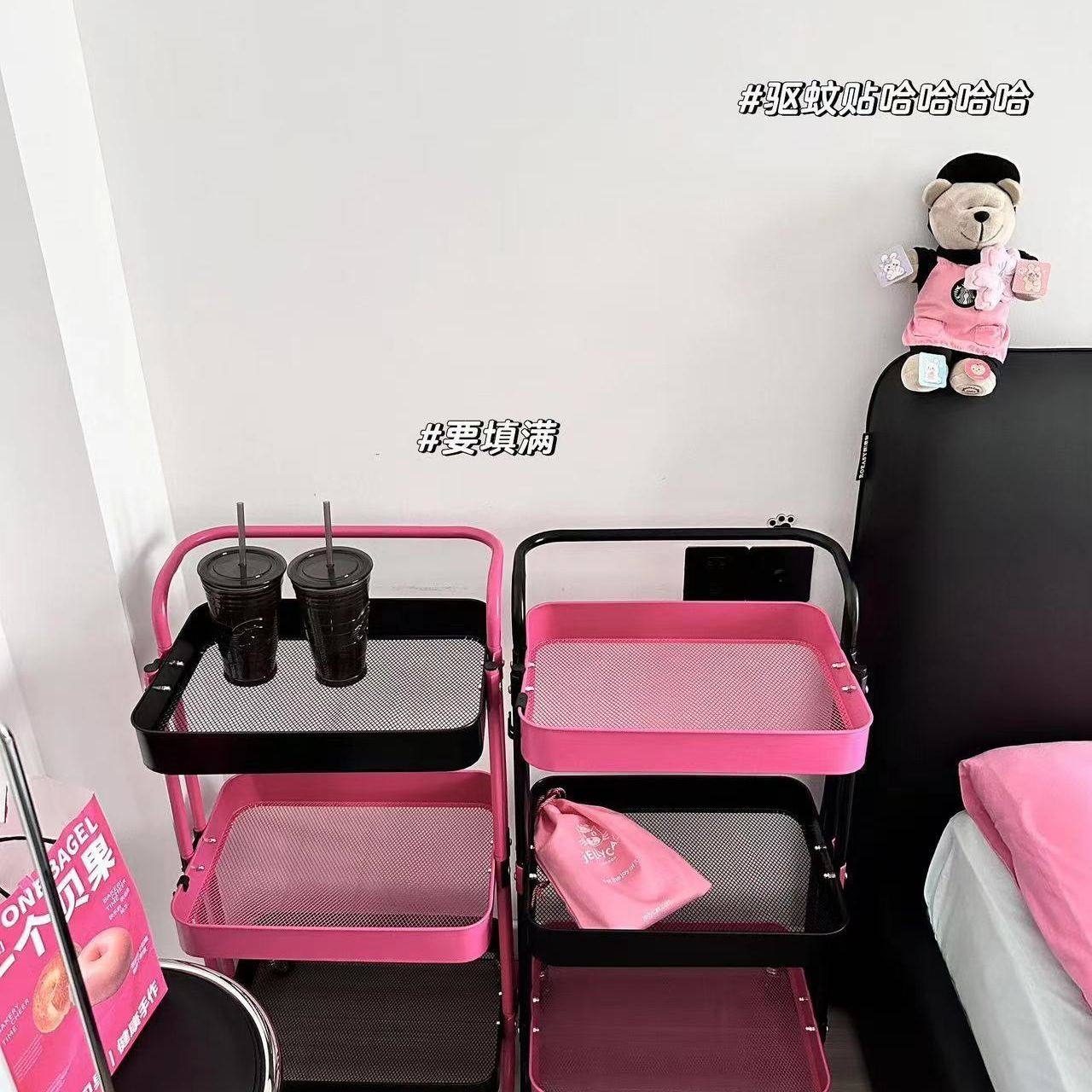 黑红色DIY小推车置物架三层落地带轮可移动婴儿用品厨房收纳架子