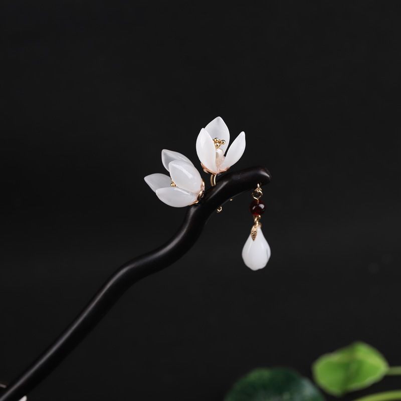 古风玉兰花发簪简约木簪盘发丸子头国风琉璃新中式设计簪子女蓝色