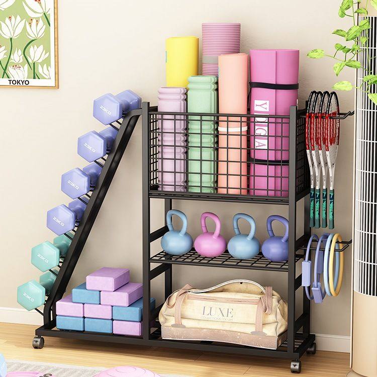运动健身器材收纳架瑜伽垫置物架家用带轮篮球架泡沫轴壶铃哑铃架