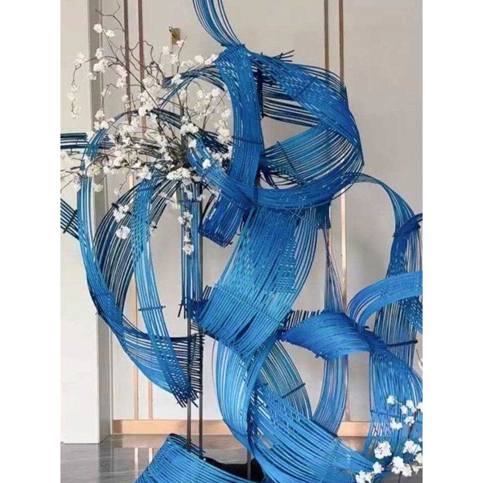 蓝色竹排竹编竹篾条花艺婚庆道具展厅造景装饰竹艺橱窗网红美陈