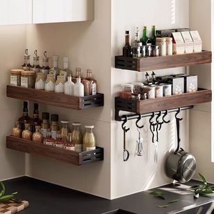胡桃木厨房置物架调料架挂壁式免打孔多层刀架锅具筷子收纳架子