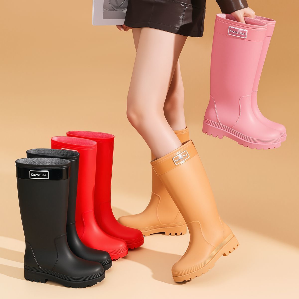 时尚防水口特高筒女士雨靴水鞋加绒徒步雨林防滑保暖防水高筒胶鞋