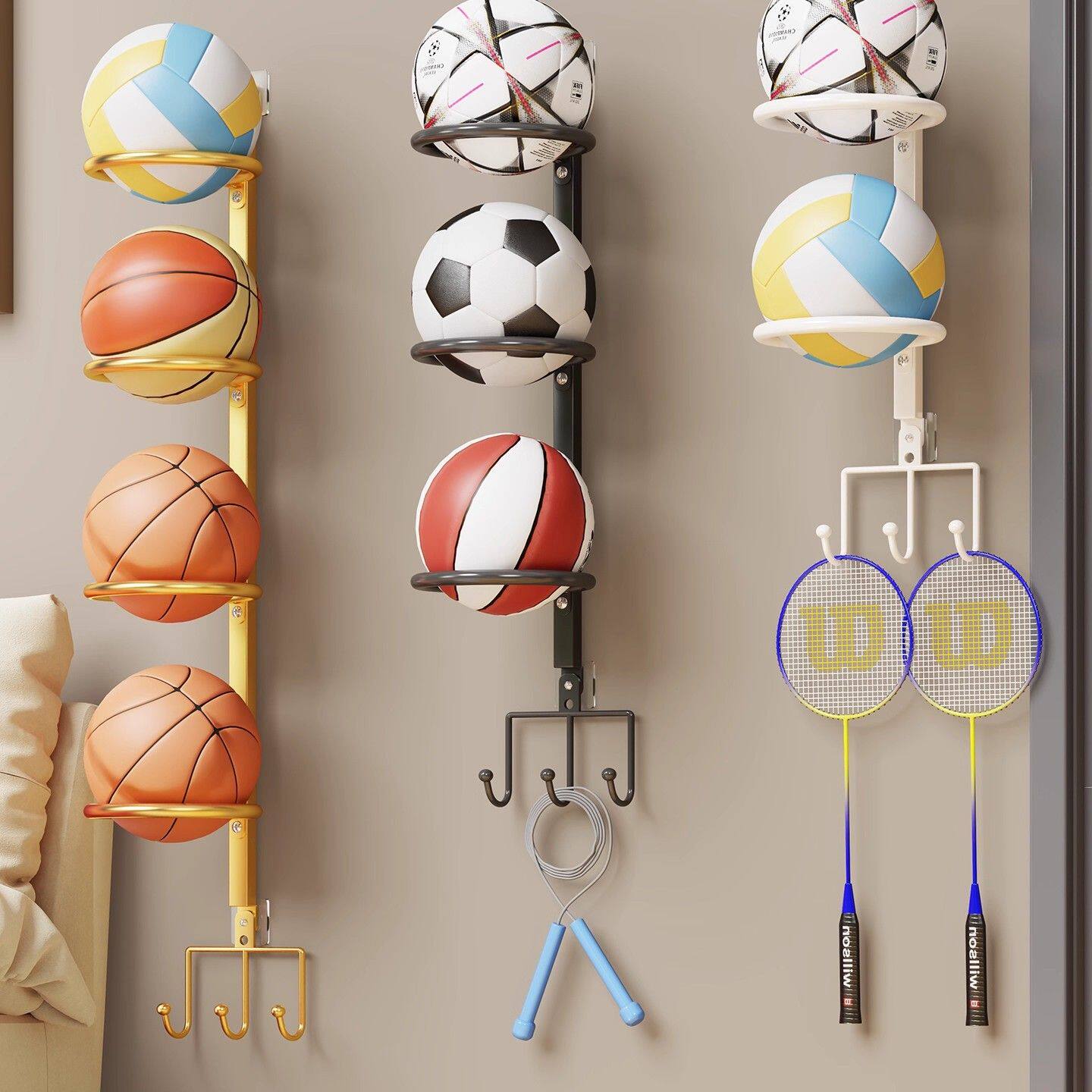 篮球收纳架家用壁挂式摆放置物架免打孔儿童羽毛足排球类收纳神器