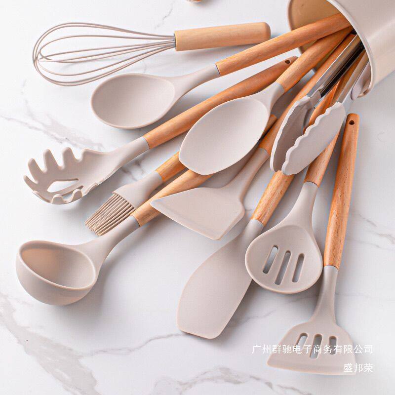 厂家直销木柄硅胶铲子不粘锅厨房工具汤勺炒菜铲勺子耐高温厨具