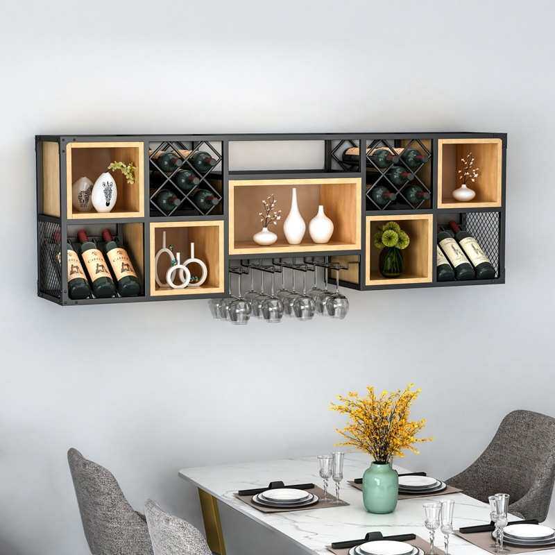 北欧铁艺实木家用酒柜壁挂酒架墙面上红酒架悬挂式酒杯架倒挂架子