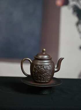 原矿沉香段莲花宫灯300ml纯手工中式浮雕自用宜兴紫砂壶功夫泡茶