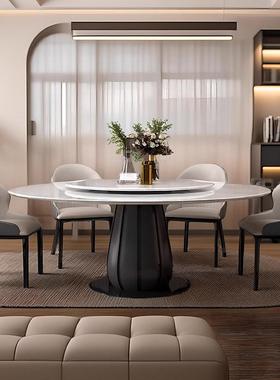 天然大理石圆形餐桌椅组合轻奢家用带转盘实木意式极简黑色圆桌子