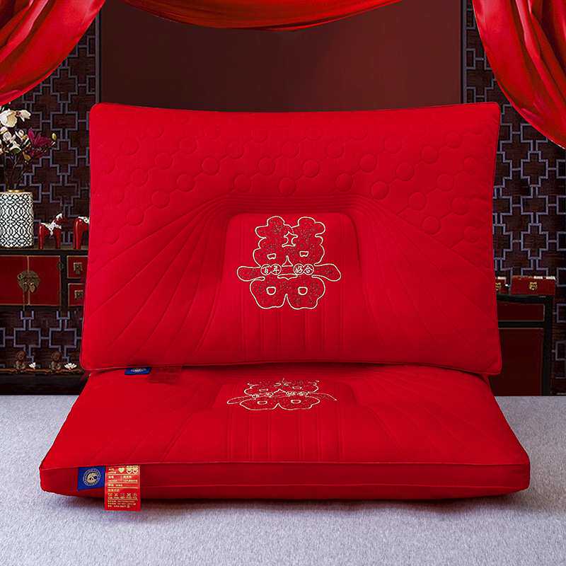 结婚枕头一对纯棉全棉乳胶枕芯婚庆刺绣红色新婚整头新婚陪嫁家用