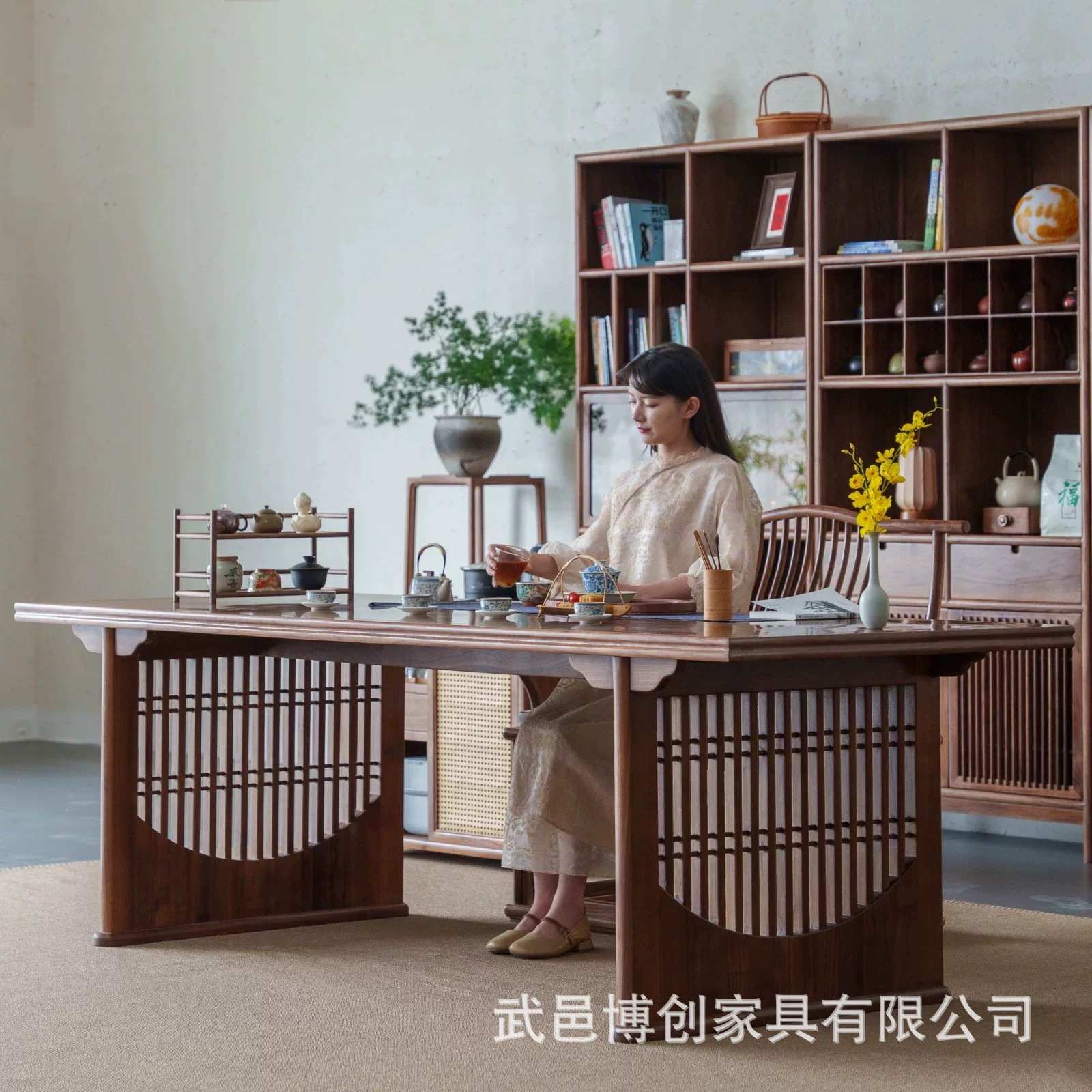 新中式老榆木茶桌椅组合套装明式黑胡桃色茶台茶室家具专用茶几