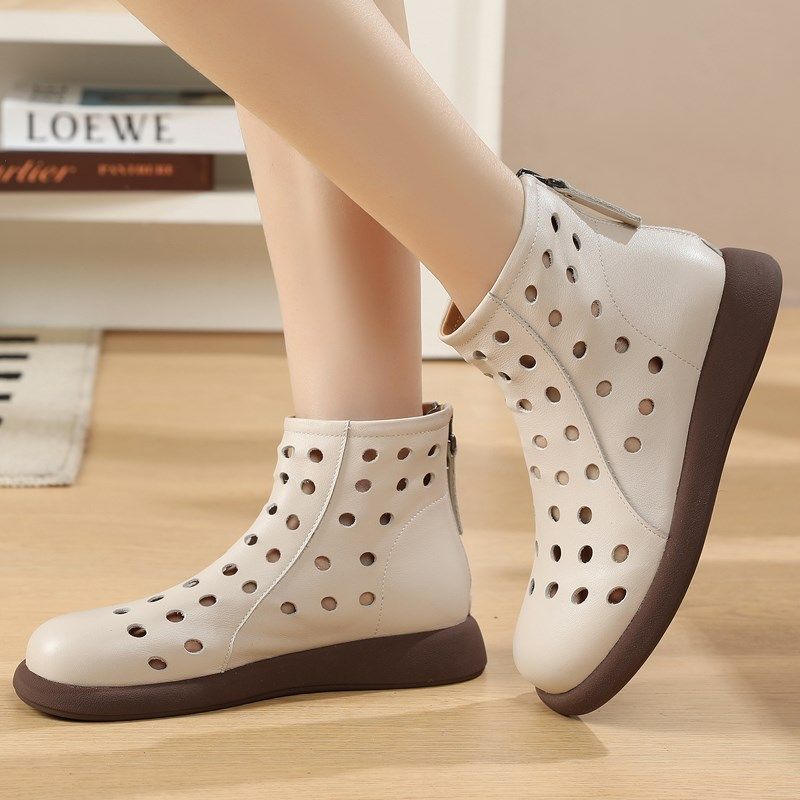 真皮平跟短靴女休闲镂空马丁靴春夏软底洞洞凉靴百搭妈妈平底女鞋,女鞋,马丁靴,淘宝优惠券,粉丝福利购,淘宝优惠卷