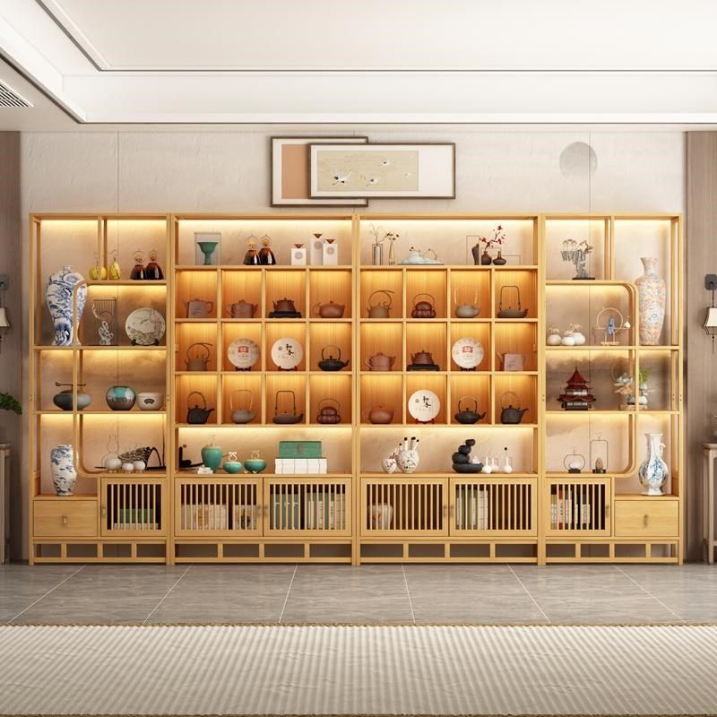 新中式实木博古架带灯茶具收纳置物架货架客厅办公室物品展示架子