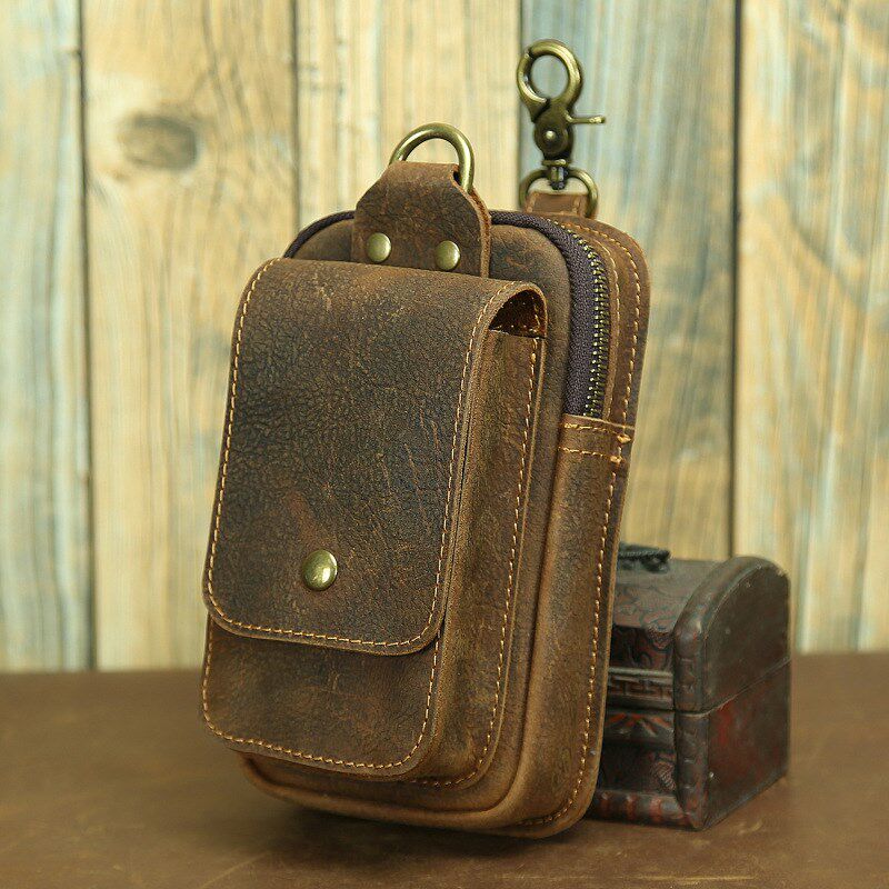 疯马皮新款迷你腰包手机包真皮运动潮流男包户外腰挂包穿皮带便携