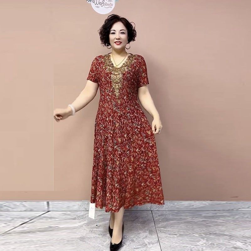 网红妈妈短袖连衣裙夏季新款高弹网纱印花显瘦过膝长裙V领烫钻裙,女装/女士精品,中老年女装,淘宝优惠券,粉丝福利购,淘宝优惠卷