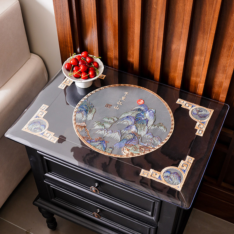 新中式牀头柜垫防水防油免洗桌布刺绣pvc透明软玻璃茶几防尘桌垫,居家布艺,床头柜盖布,淘宝优惠券,粉丝福利购,淘宝优惠卷