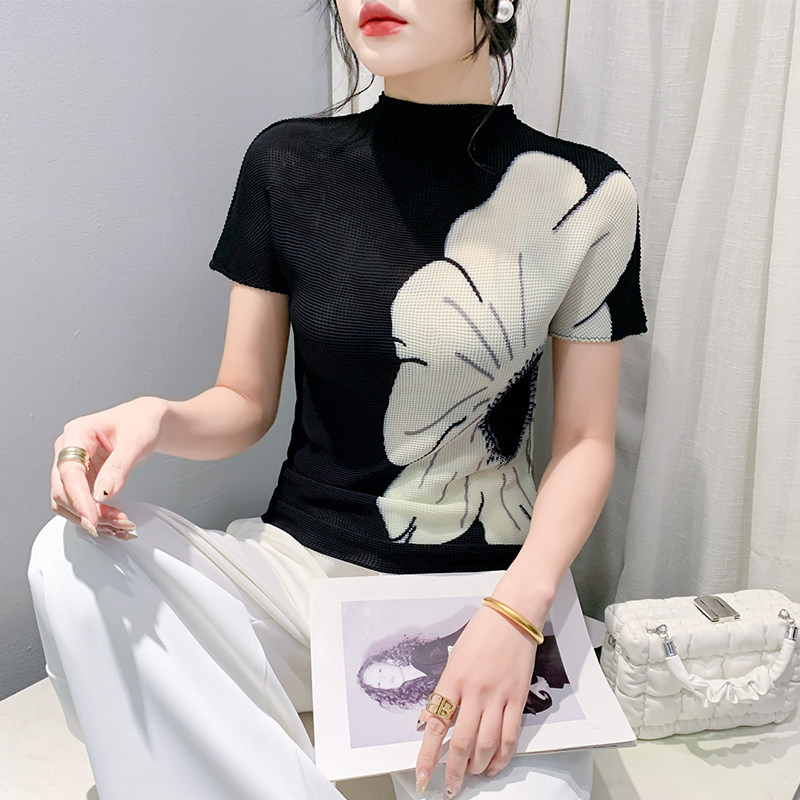 半高领短袖t恤女夏季欧货设计感大花朵印花上衣修身洋气半袖小衫