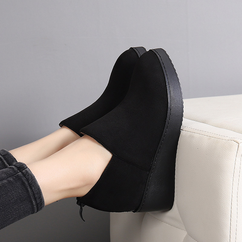 内增高坡跟春秋新款黑色百搭深口尖头后拉炼女高跟磨砂加绒单鞋,女鞋,深口单鞋,淘宝优惠券,粉丝福利购,淘宝优惠卷